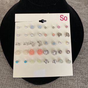 so 20 pack stud earrings flower butterfly rose pearl blue pink white silver